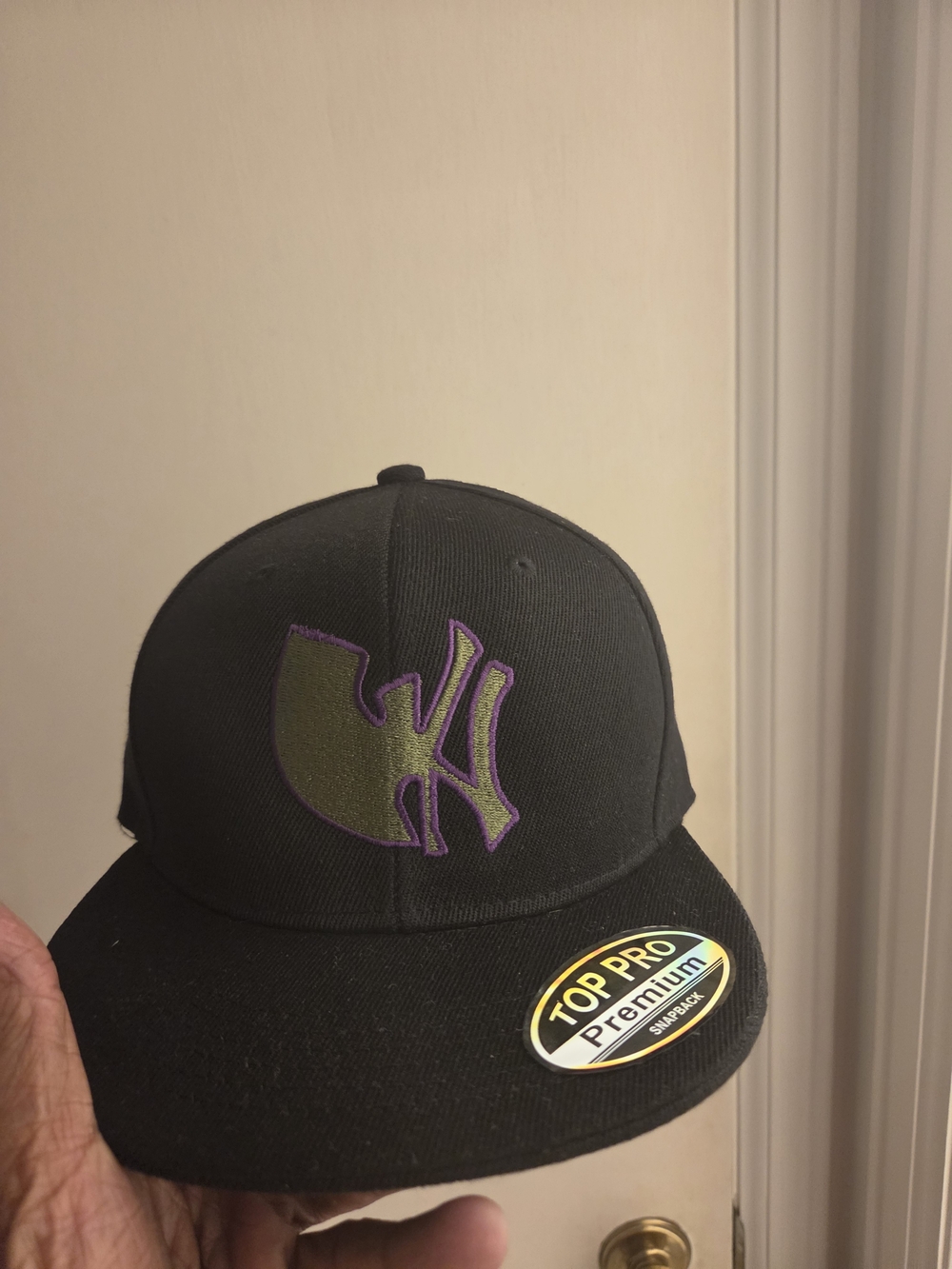 Custom Made Wu York Black Flat Brim Hat with Purple-Outlined Logo